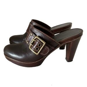COACH - Clogs Size 7.5 - Signature Brown Leather Platform Mules - High Heels